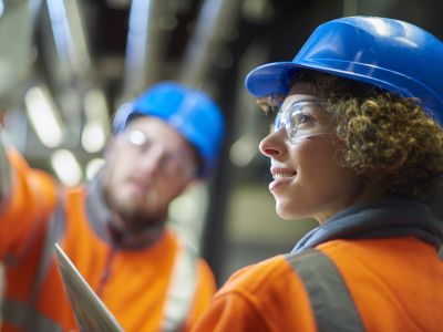 two industrial service engineers wearing safety gear assessing a control panel.